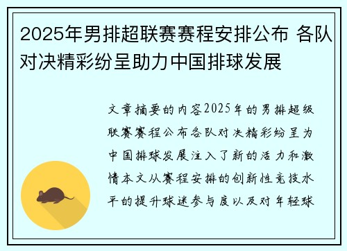 2025年男排超联赛赛程安排公布 各队对决精彩纷呈助力中国排球发展