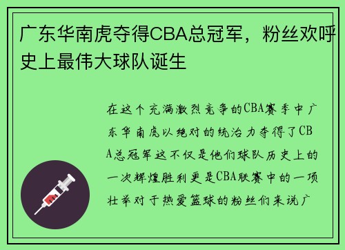 广东华南虎夺得CBA总冠军，粉丝欢呼史上最伟大球队诞生