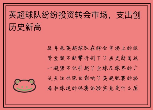 英超球队纷纷投资转会市场，支出创历史新高
